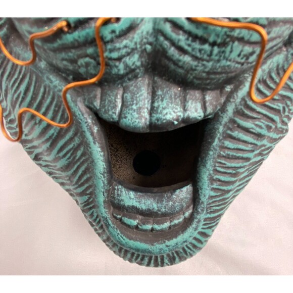 Whimsical Cat Face Hanging Bird Feeder House Blue Ceramic 11"x7" Yard Decor - Picture 2 of 11